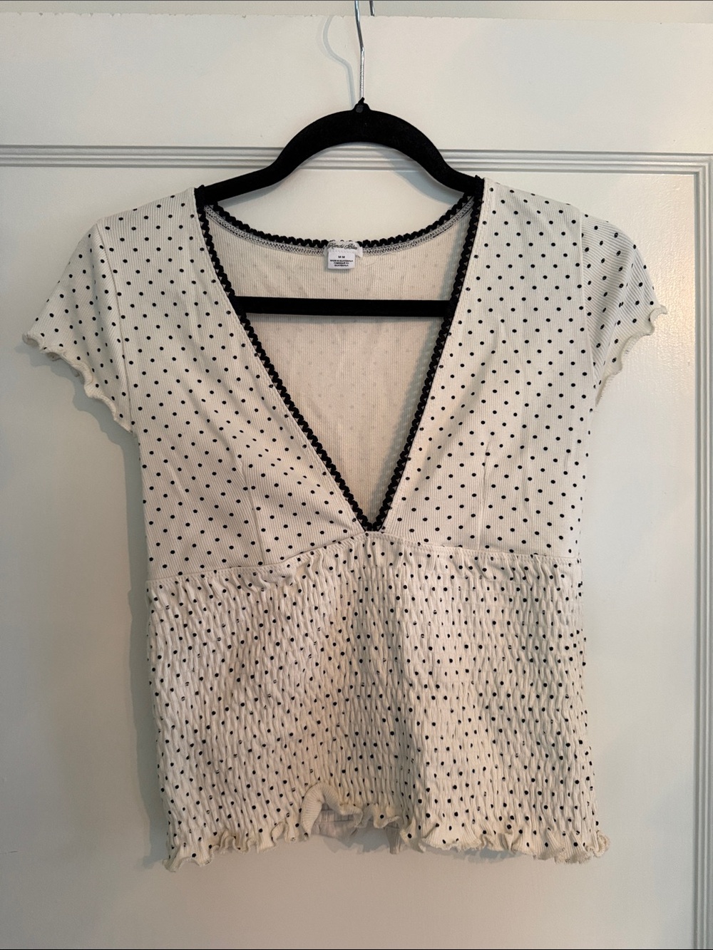 Kimchi Blue White Polka Dot V-Neck Smocked Top
